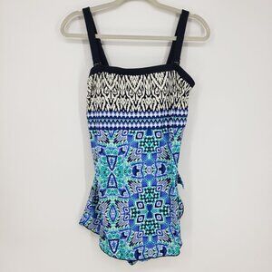 Maxine of Hollywood Geometric Ikat Print Swim Dress Swimsuit 14  ‎ Blue Black